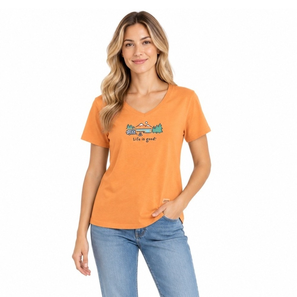 Life Is Good Women's Camper V-Neck Graphic T-Shirt Short Sleeve Outdoor Tee Sz L